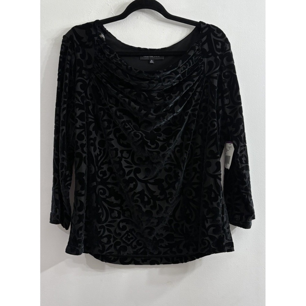 NWT Womens 2X Black Burnout Velvet Top Cowl Neck 3/4 Sleeve Whimsygoth Witchy